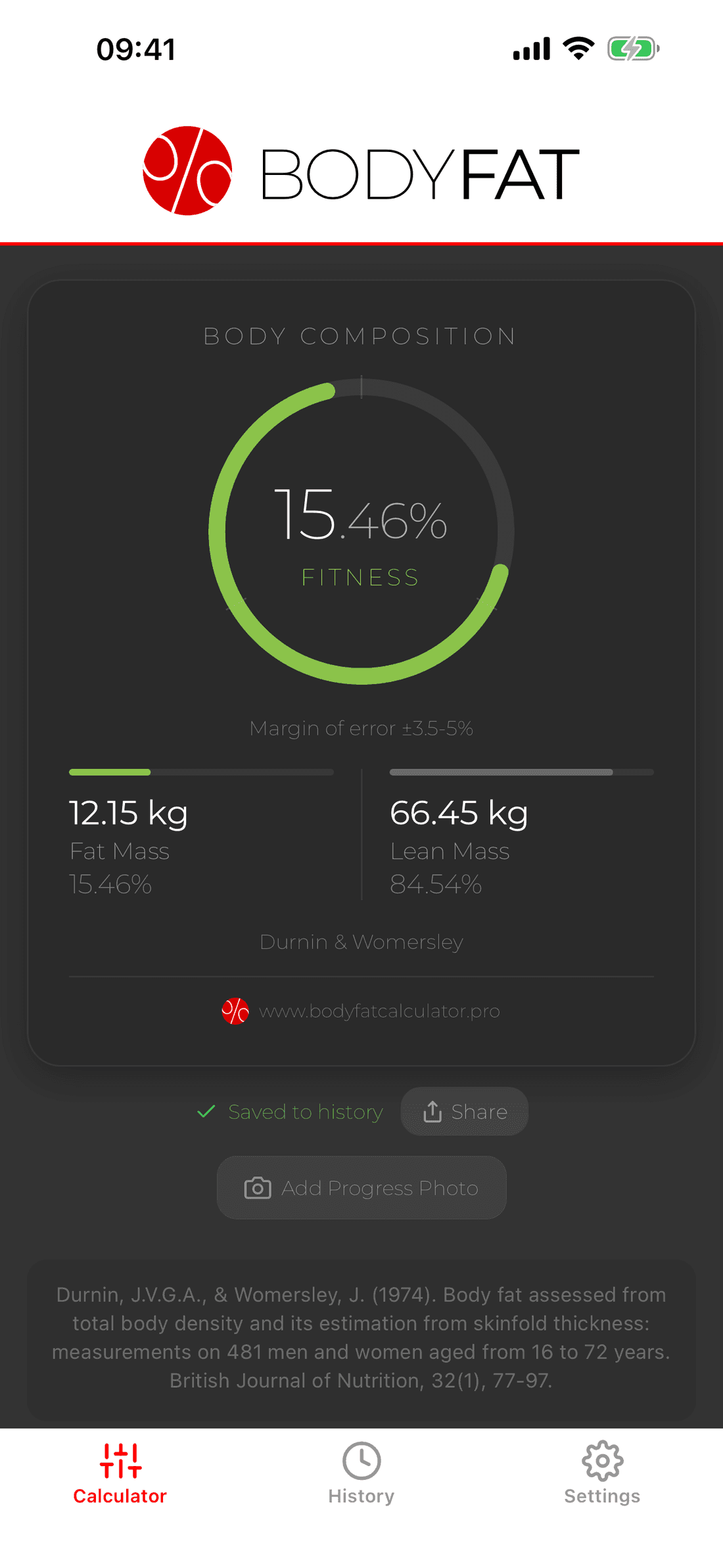 Body fat result to two decimal places with fat mass and lean mass
