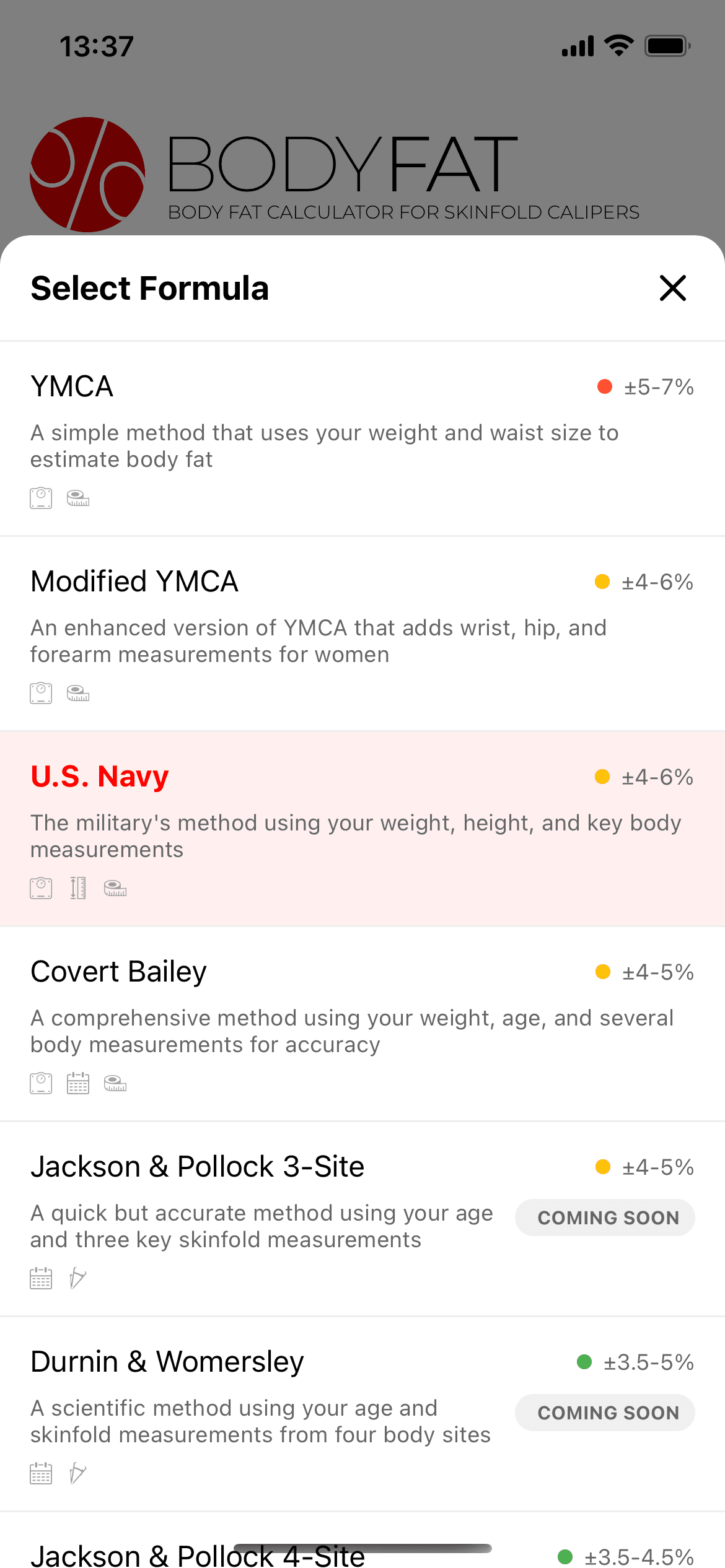 Body Fat Calculator method selection