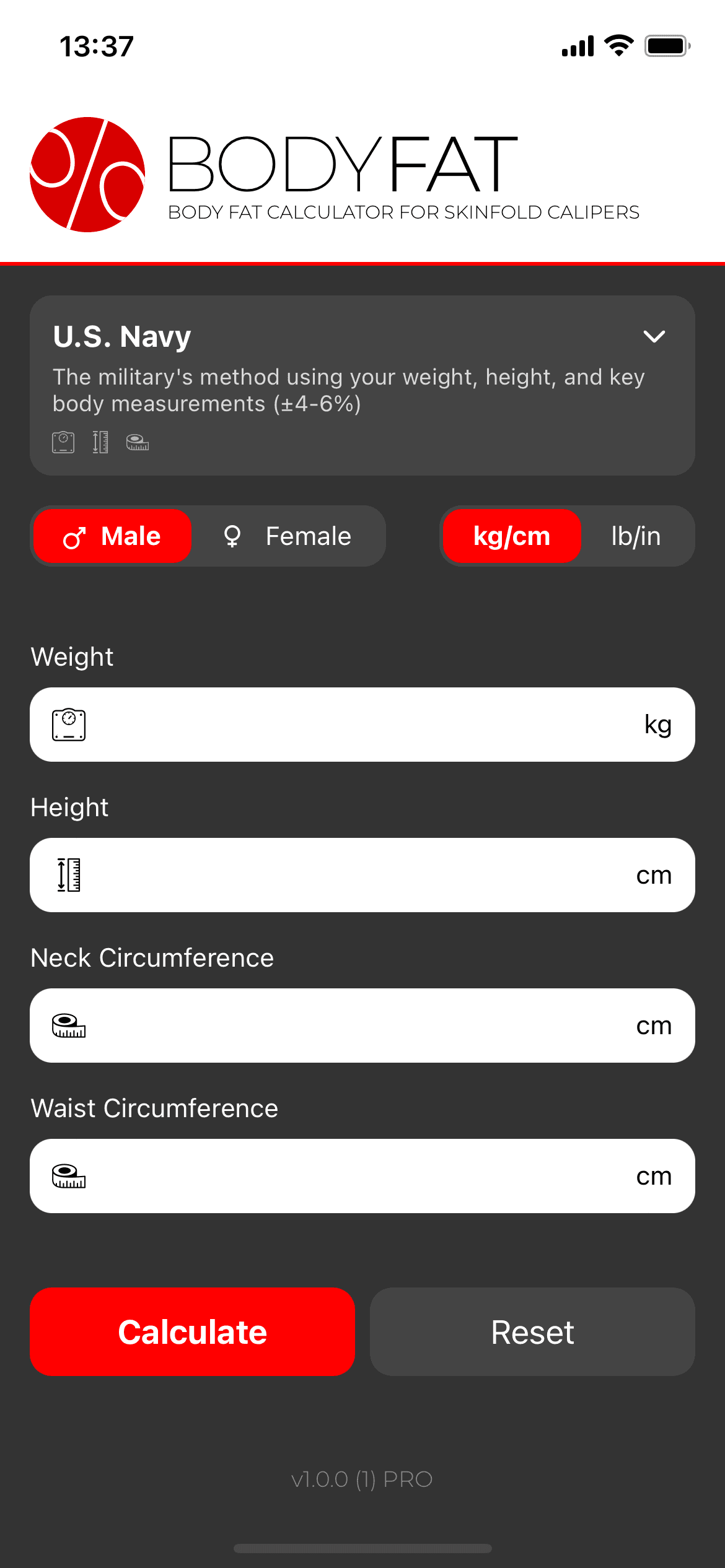 Body Fat Calculator (PRO) app interface